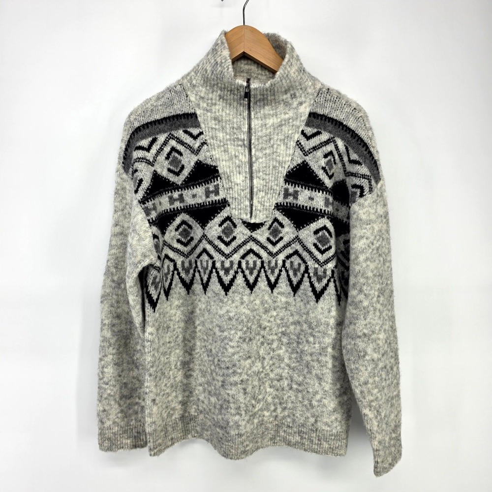 RD Style Quarter Zip Sweater Women M Gray Geometric Fair Isle Mock Neck 73SR296S